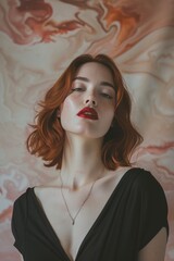 Ginger Woman in Creative Dreamlike Nostalgic Pink, Brown, Cream Background - Direct Gaze with Makeup defined Eyebrows and Red Lipstick - Red Hair and Black Dress created with Generative AI Technology