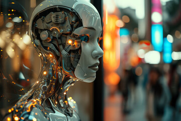 Futuristic AI Robot Portrait in Urban Setting