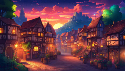 Obraz premium Night view of the old european town.