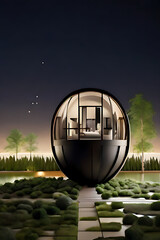 Glass globe with tiny modern house inside near big real cozy house with lights in windows in summer evening. Internal climate, ecosphere. Insurance, mortgage, real estate dream house