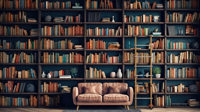A big, large bookcase with many books in a house interior.
