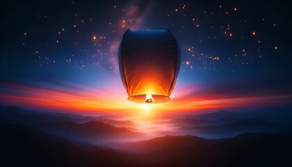 Obraz premium Illustration of a single sky lantern against a beautiful dusk sky.