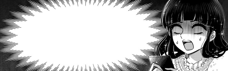 ホラー劇画・スマホを見て怖がる少女と集中線コピースペース