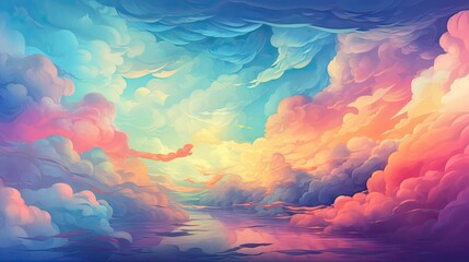 Colorful Abstract Cloudscape, Watercolor Illustration of Atmospheric Dramatic Sky, Perfect for Canvas Art and Background Wallpaper