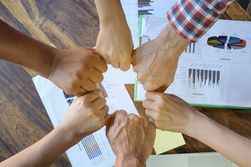 hand of people working symbol Join forces teamwork assemble corporate meeting show quality and...