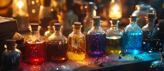 Colorful liquids in small bottles, mixed among magical items on the table.
