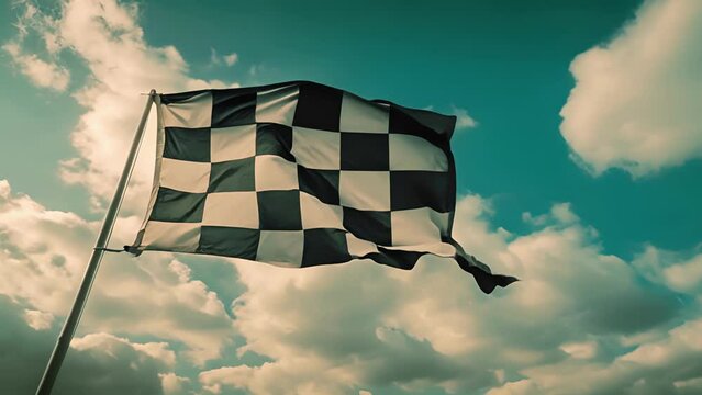 A closeup shot of the checkered flag being waved against a backdrop of billowing white clouds evoking a feeling of triumph and accomplishment.