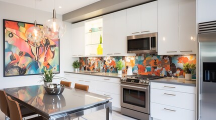 Artistic and Eclectic Modern Kitchen with Vibrant Pops of Color