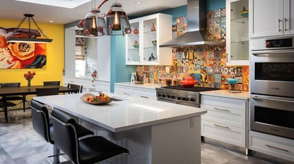 Artistic and Eclectic Modern Kitchen with Vibrant Pops of Color