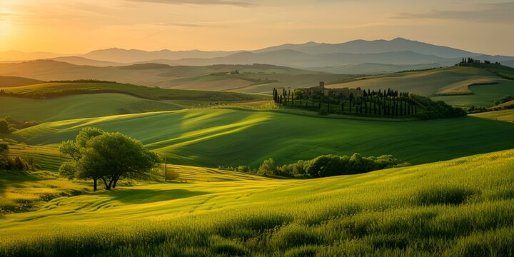 Serene sunrise over rolling green hills, soothing landscape for calm backgrounds and tranquil settings. nature's beauty captured at dawn. AI