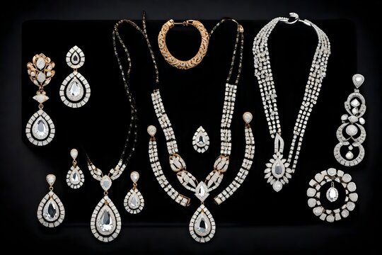 An image showcasing an exquisite set of diamond jewelry displayed elegantly on black velvet. This image encapsulates the brilliance and luxury associated with diamond jewelry