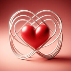 Infinity sign made of numerous flexible elements of white color, decorated with a large voluminous red heart, 3D, neutral pink background