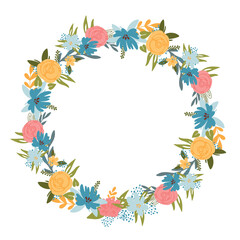 Fototapeta na wymiar Art & IllustVector isolated floral design with cute flowers. Wreath. Template for card, poster, flyer, t-shirt, home decor and other use.ration
