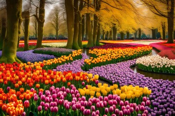 Tulip bloom in Keukenhof Flower Garden, the largest tulip park in the world. Colorful blooming fields and flower alleys, The Netherlands, Holland, Lisse, Europe - obrazy, fototapety, plakaty