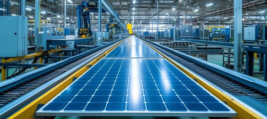 Solar panel production at factory. Generative AI technology.