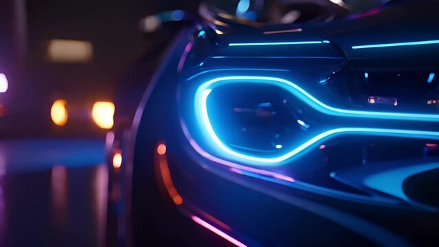 The next shot shows a headlight with a bold and curved design reminiscent of clic car headlights from the 1950s. However the addition of neon blue LED lights gives it a modern