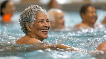 A cheerful elderly woman with glasses shares a joyful moment while swimming with friends in a sunlit pool.
