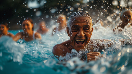 A cheerful elderly man with glasses shares a joyful moment while swimming with friends in a sunlit pool.