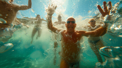 A cheerful elderly man with glasses shares a joyful moment while swimming with friends in a sunlit pool.