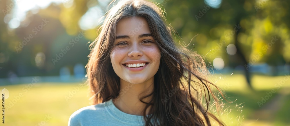 Wall mural Attractive brunette teenager smiles in a park, portraying happiness and wellbeing.