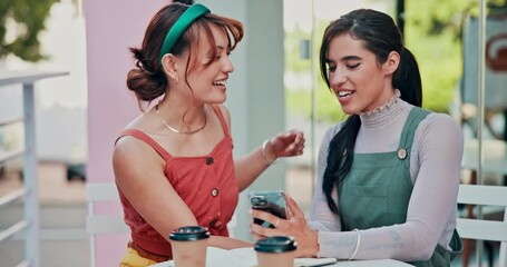 Cafe, phone and happy lgbt women embrace at table, reading social media meme and laughing. Smile, smartphone and lesbian couple hug at sidewalk coffee shop checking travel blog, web post or memory.