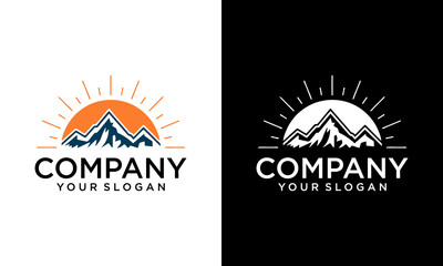 Creative Mountain with sunset Logo Template. Vector Design Element Vintage Style for Logotype, Label, Badge, Emblem. Mountain Logo, Hills Logo, Mountain