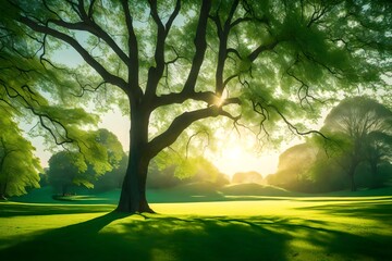 Beautiful landscape in park with tree and green grass field at morning