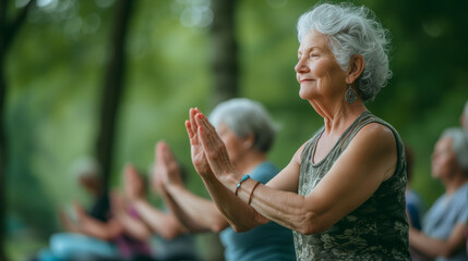 An elderly woman in traditional attire performs Tai Chi, demonstrating grace and tranquility in a lush park setting.