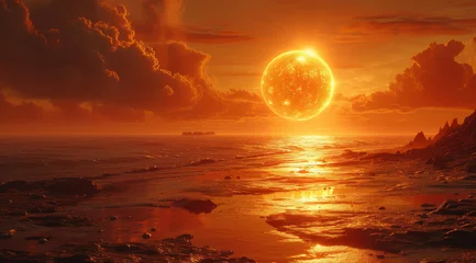 Poster A vast alien seascape with a large sun setting on the horizon under a cloudy sky,AI generated © Rajesh
