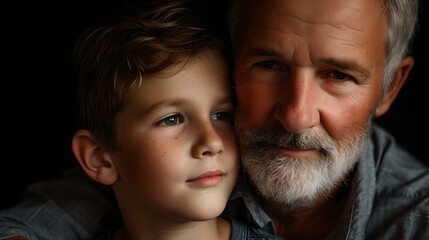 Senior man and young boy sharing a moment, bond across generations. portrait in low key lighting. emotional family photo. AI - obrazy, fototapety, plakaty