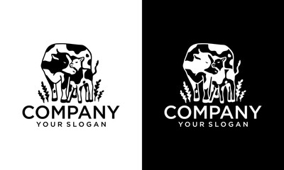 Creative Vector calf and cow farm logo illustration in flat style isolated on white. Mother cow with her little spotty baby.