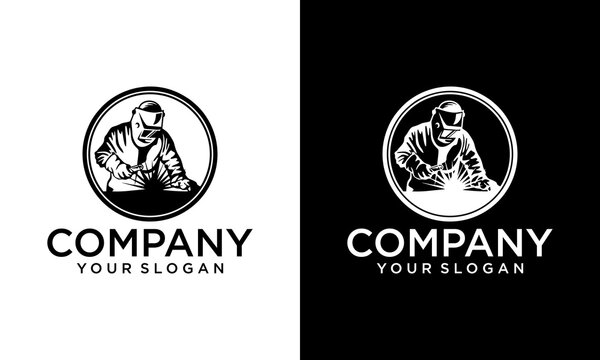 Creative welder vector logo, welding company. Black and white illustration of a welder in work clothes.