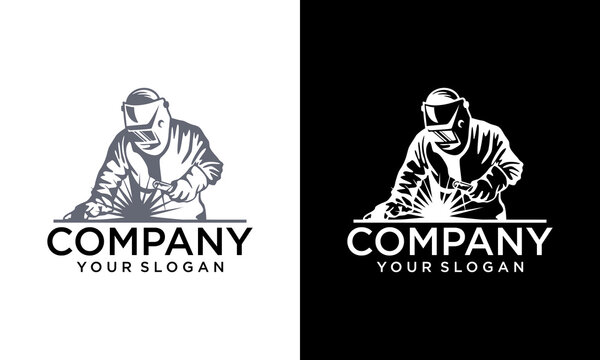 Creative welder vector logo, welding company. Black and white illustration of a welder in work clothes.