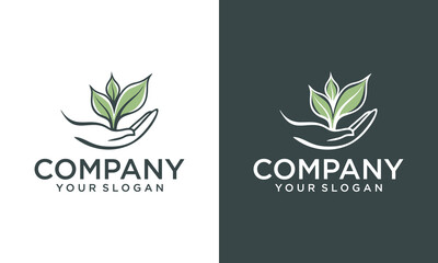 Creative Hands holding soil with plant logo. Vector thin sign of environment protection, ecology concept logo. Agriculture illustration.