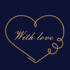 Heart shape frame from golden chain on the dark background. Invitation or Valentines Day greeting card template