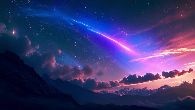 A neon blue and pink comet streaking across the sky leaving a trail of colorful light behind it.