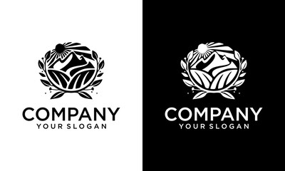 Creative rural vector landscape with plowed field, mountains logo. Isolated abstract green color round shape sunny meadow logo, agricultural logotype vector illustration