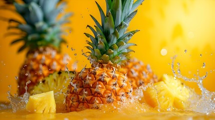 Fresh pineapples splashing in water against a yellow background. vibrant colors, dynamic fruit photography. perfect for summer themes. AI