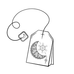 Black and white crescent moon tea bag illustration. Magic calming tea for a good sleep and relaxation.
