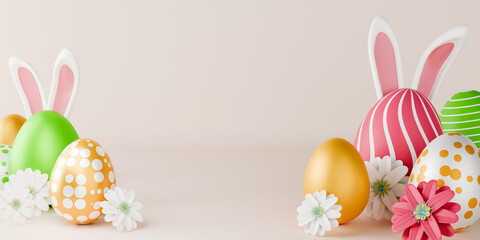 Easter party banner concept. Photo of easter bunny ears colorful eggs on pastel pink background with copy space. 3d rendering.