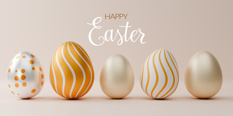 Happy easter banner design. Row of 3d realistic gold eggs. 3d rendering.