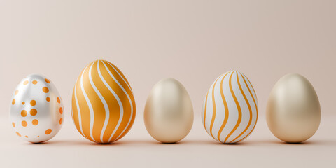 Easter banner design. Row of 3d realistic gold eggs with Copy space. 3d rendering.
