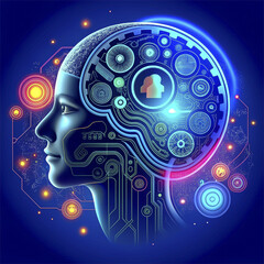 Artificial intelligence concept. Human head with electronic brain. Vector illustration