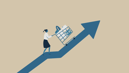 A woman pushing a shopping cart. She is walking on an arrow going up.