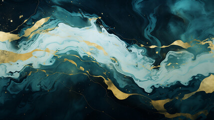 Mesmerizing marble abstract with blue-green water, chrome, gold, and dark teal hues.