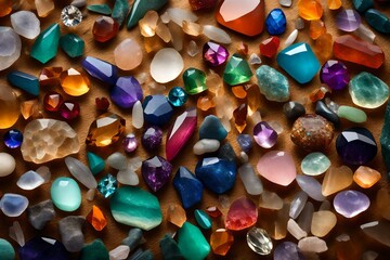 Fototapeta na wymiar Multi colored gemstones and crystals at beach sunset