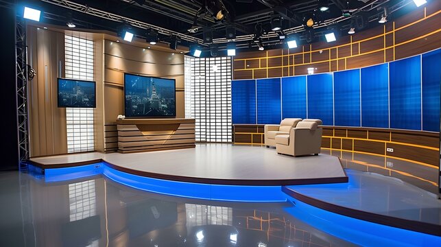 Modern news studio set design with high-end furniture and blue panels. perfect for broadcasts, interviews, and presentations. AI