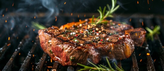 Grilled beef steak, T bone or aged wagyu porterhouse, seasoned with spices and herbs, cooked medium rare on the barbecue. - obrazy, fototapety, plakaty