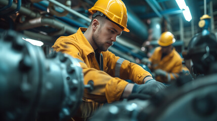 A professional engine room technician in a hard hat is focused on adjusting complex machinery aboard a ship.