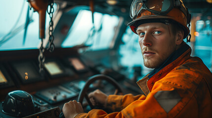 An oil rig worker in safety gear overlooks the sea during twilight, signifying industrious perseverance.